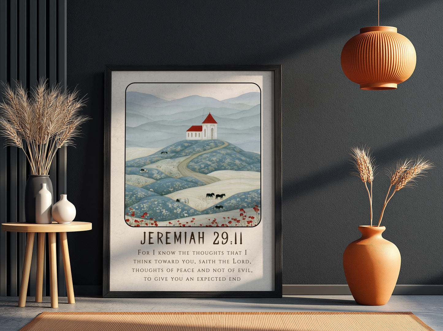 Jeremiah 29:11 poster featuring serene landscape and church in soft colors, perfect for religion wall art.
