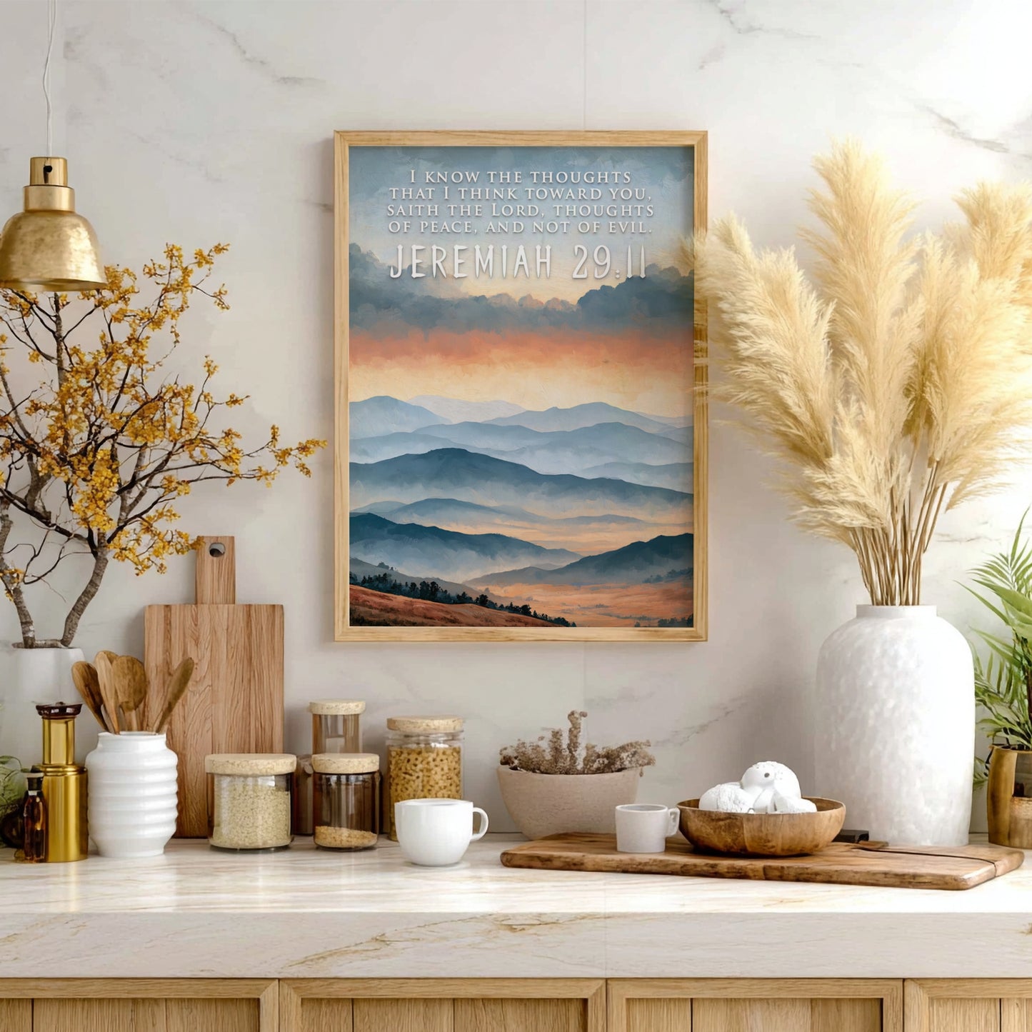 Poster featuring soft blue mountain ranges under a golden sunrise with scripture text overlay.