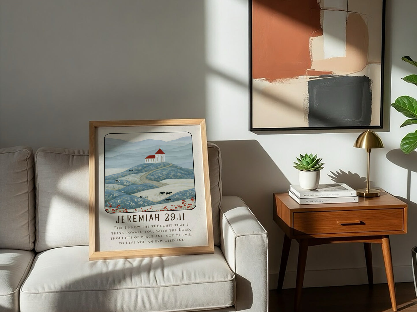 Jeremiah 29:11 poster featuring serene landscape and church in soft colors, perfect for religion wall art.