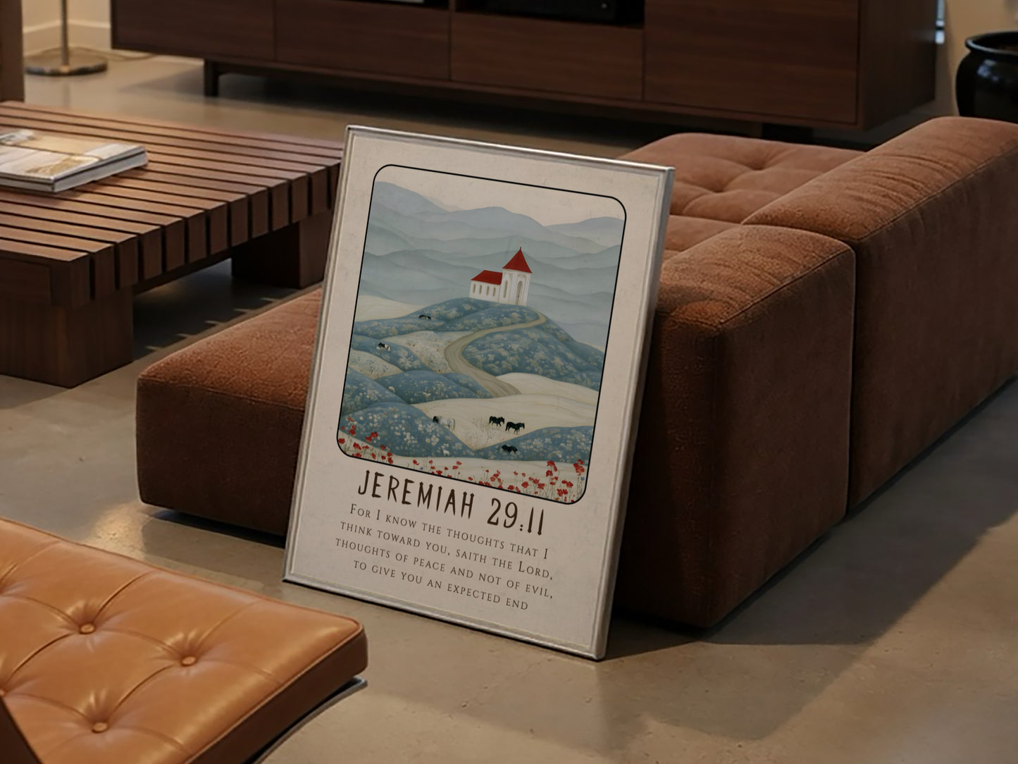 Jeremiah 29:11 poster featuring serene landscape and church in soft colors, perfect for religion wall art.