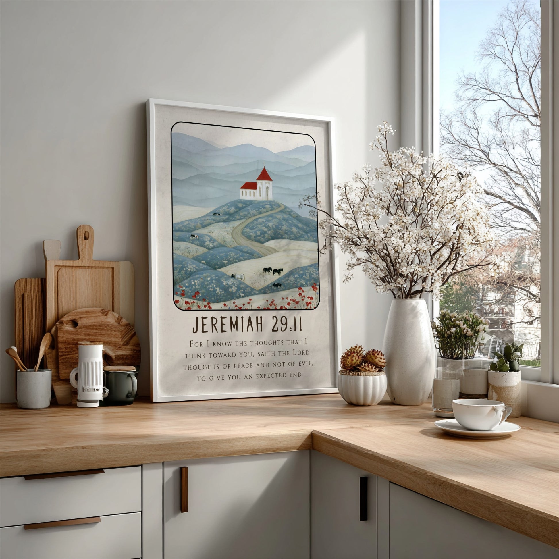 Jeremiah 29:11 poster featuring serene landscape and church in soft colors, perfect for religion wall art.