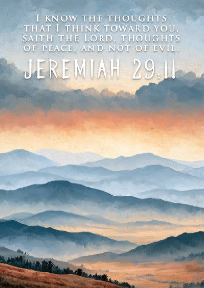 Poster featuring soft blue mountain ranges under a golden sunrise with scripture text overlay.