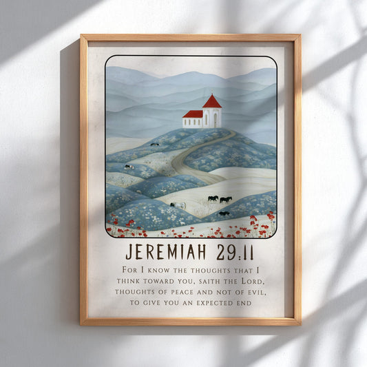 Jeremiah 29:11 poster featuring serene landscape and church in soft colors, perfect for religion wall art.