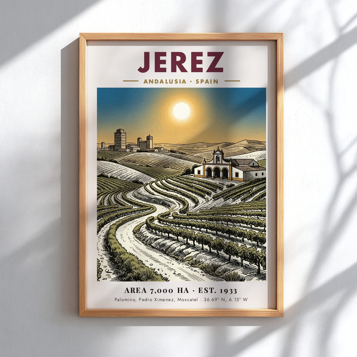 Poster featuring sunlit vineyards in Jerez Andalusia with a chapel and historic city skyline.