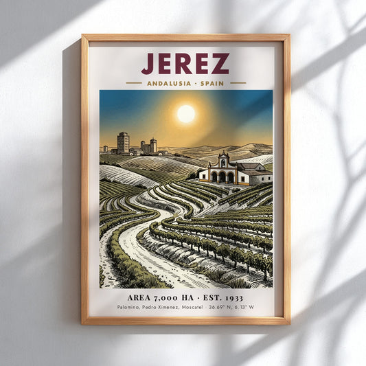 Poster featuring sunlit vineyards in Jerez Andalusia with a chapel and historic city skyline.