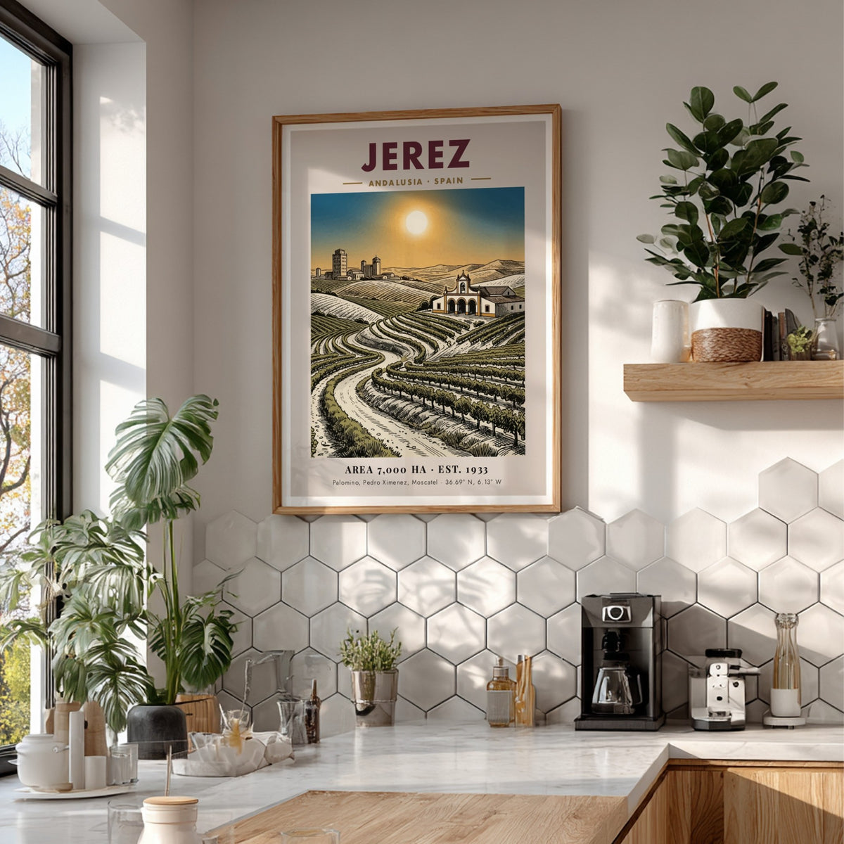 Poster featuring sunlit vineyards in Jerez Andalusia with a chapel and historic city skyline.