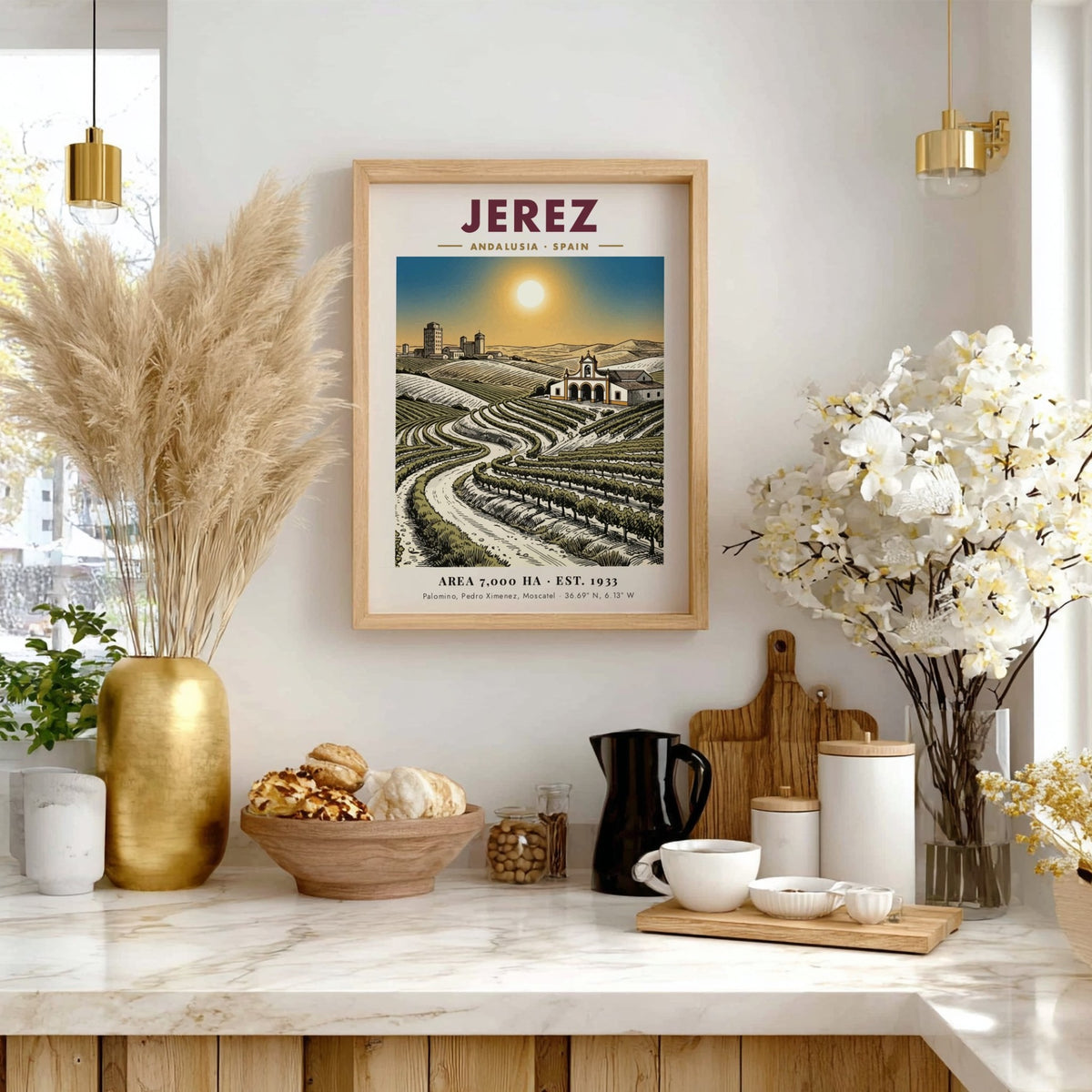 Poster featuring sunlit vineyards in Jerez Andalusia with a chapel and historic city skyline.