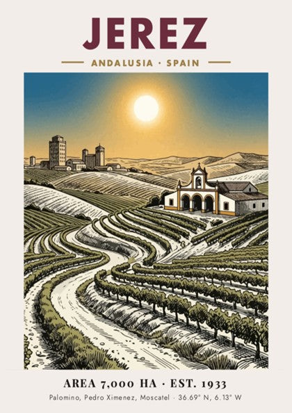 Poster featuring sunlit vineyards in Jerez Andalusia with a chapel and historic city skyline.