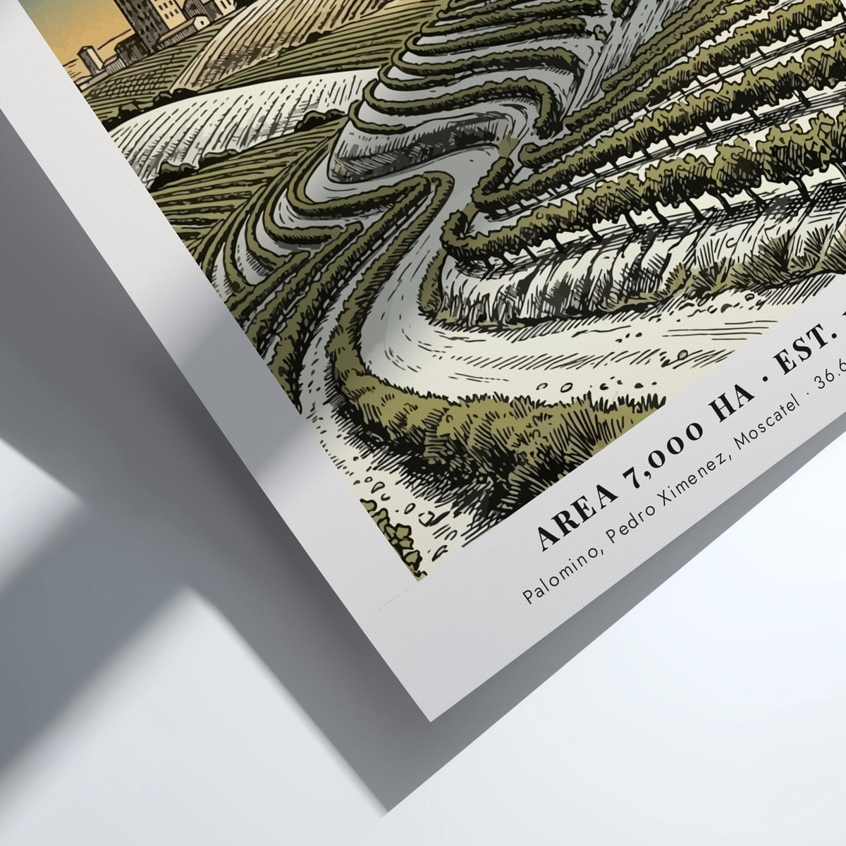 Poster featuring sunlit vineyards in Jerez Andalusia with a chapel and historic city skyline.