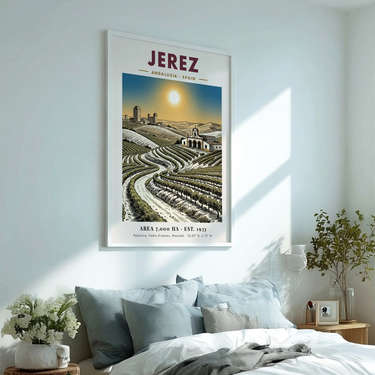 Poster featuring sunlit vineyards in Jerez Andalusia with a chapel and historic city skyline.