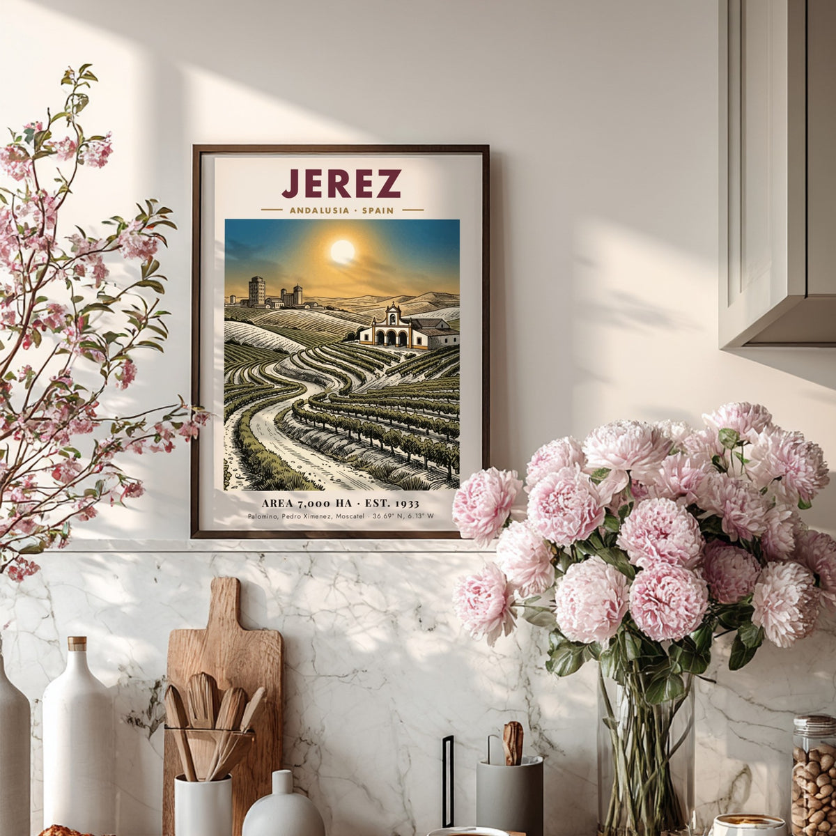 Poster featuring sunlit vineyards in Jerez Andalusia with a chapel and historic city skyline.