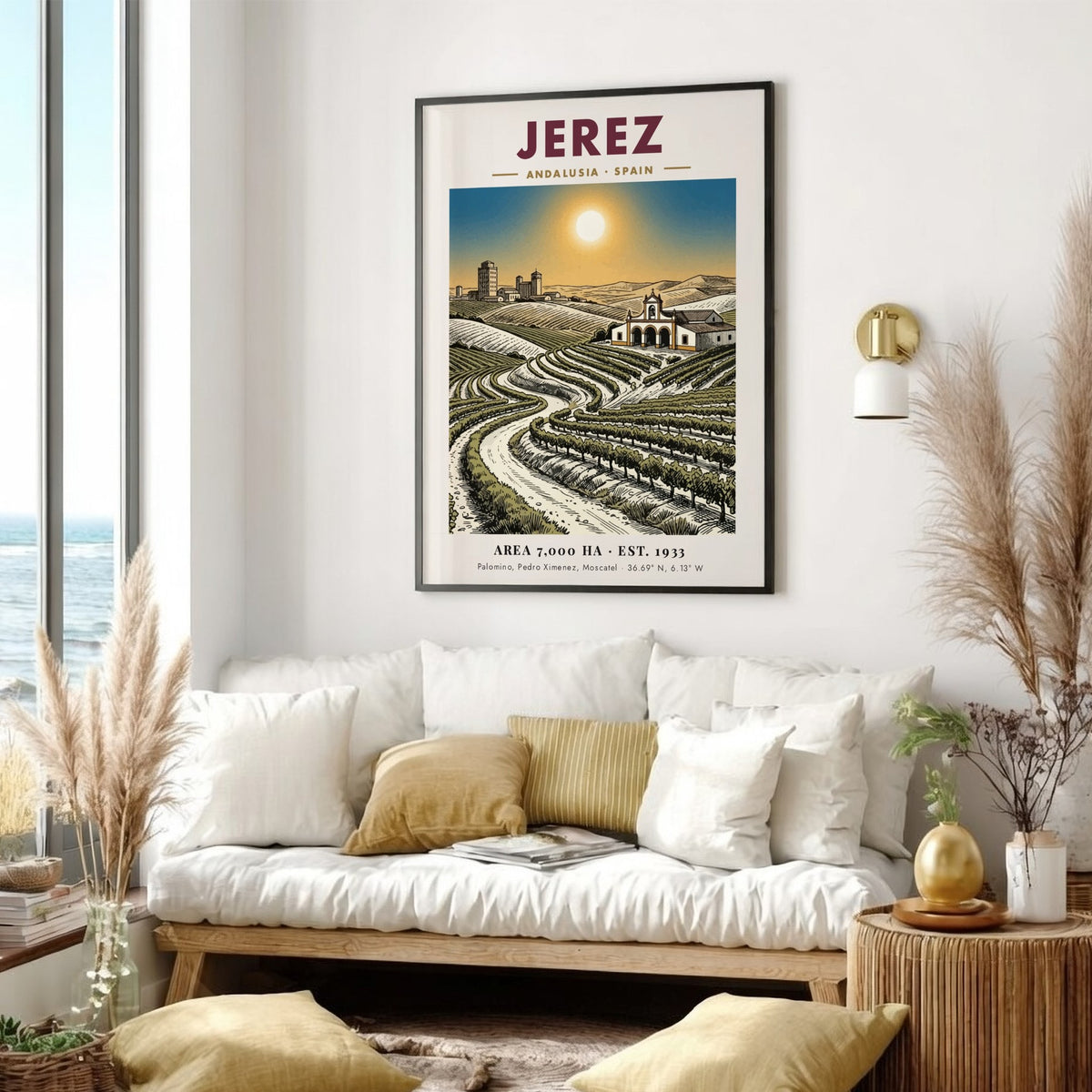 Poster featuring sunlit vineyards in Jerez Andalusia with a chapel and historic city skyline.