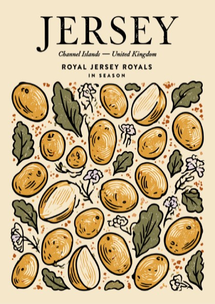 Kitchen poster featuring vibrant Jersey potatoes in warm colors, perfect for food art and decor.