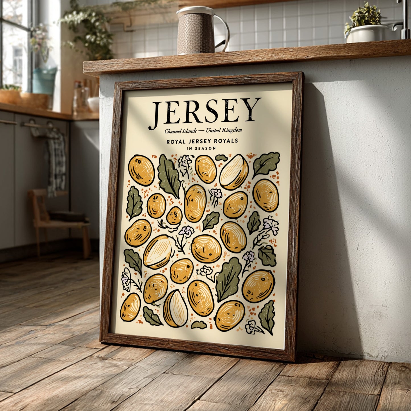 Kitchen poster featuring vibrant Jersey potatoes in warm colors, perfect for food art and decor.