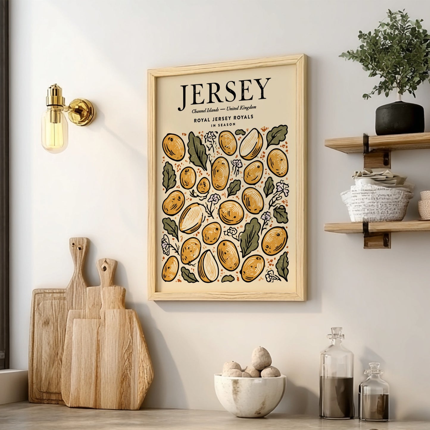 Kitchen poster featuring vibrant Jersey potatoes in warm colors, perfect for food art and decor.