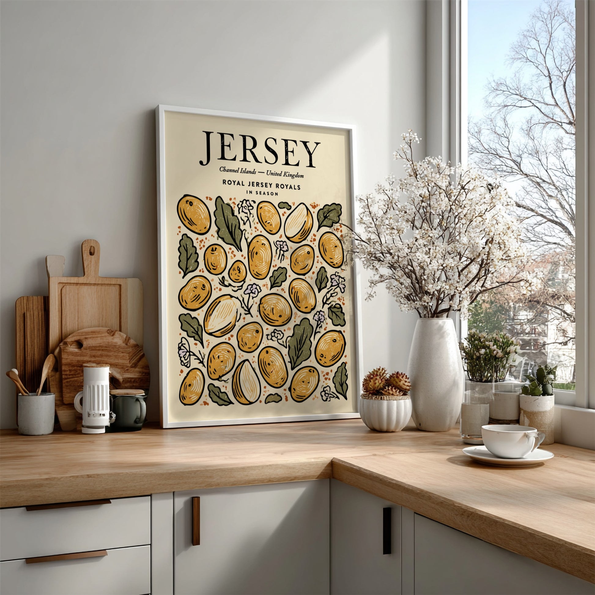 Kitchen poster featuring vibrant Jersey potatoes in warm colors, perfect for food art and decor.