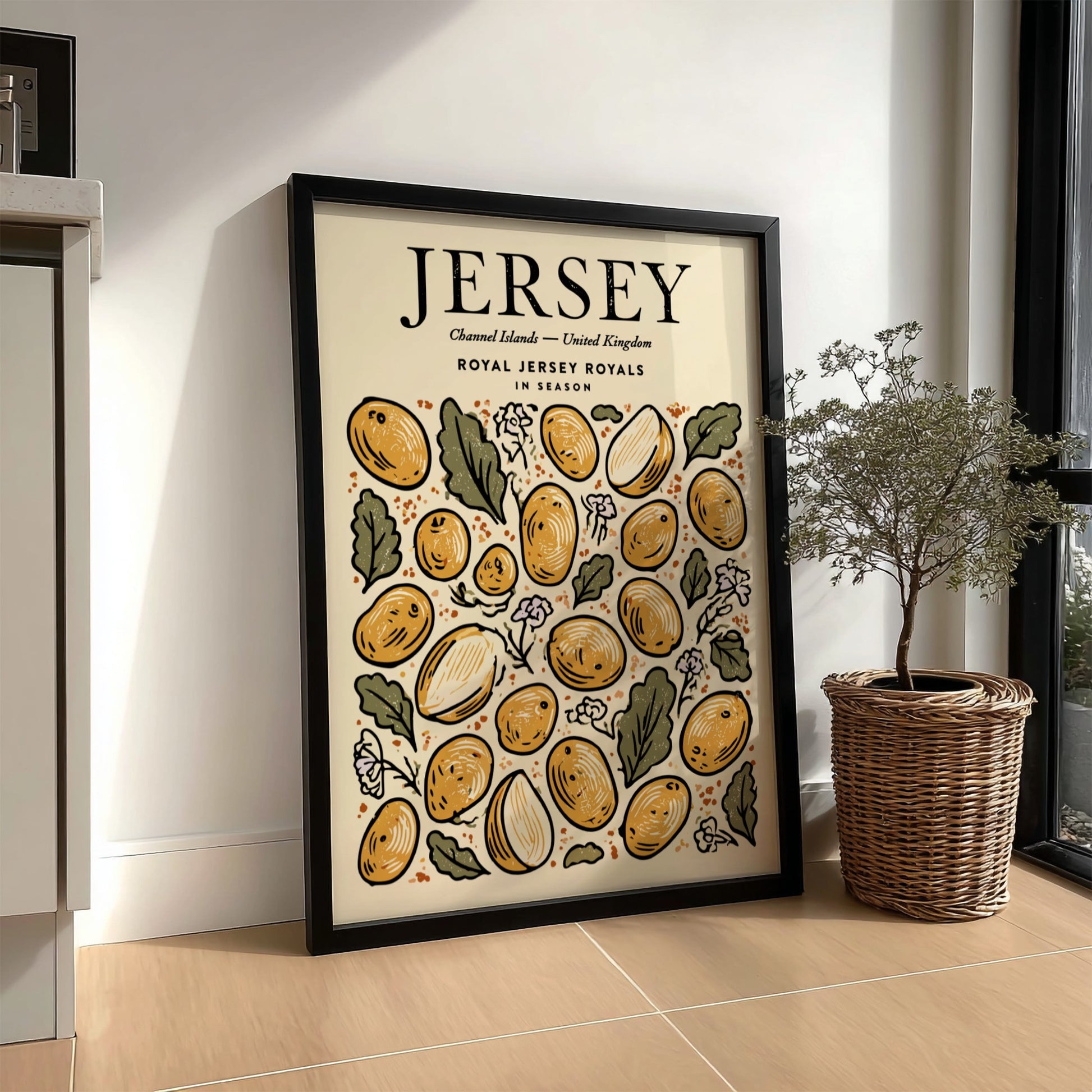 Kitchen poster featuring vibrant Jersey potatoes in warm colors, perfect for food art and decor.