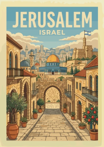 Jerusalem cityscape travel poster with retro illustration of street leading to Dome of the Rock.