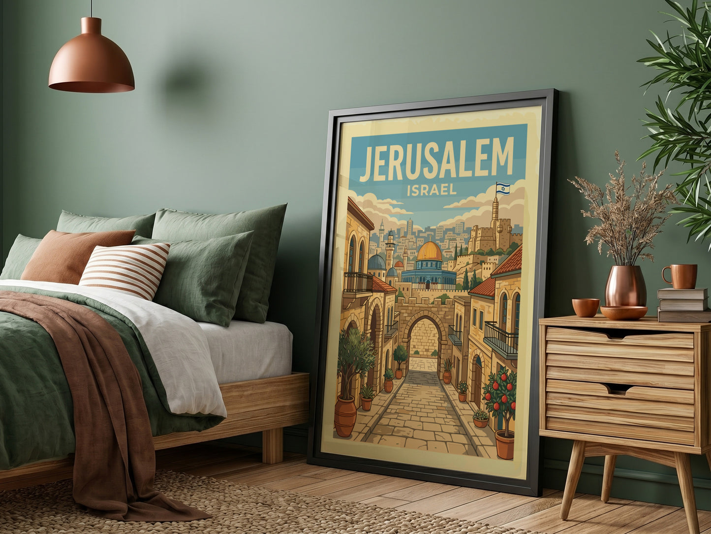 Jerusalem cityscape travel poster with retro illustration of street leading to Dome of the Rock.