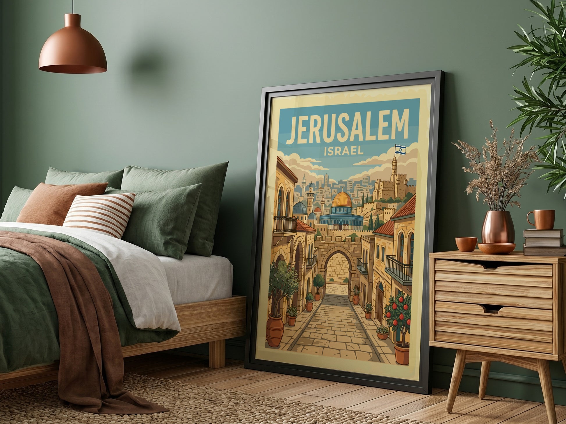 Jerusalem cityscape travel poster with retro illustration of street leading to Dome of the Rock.