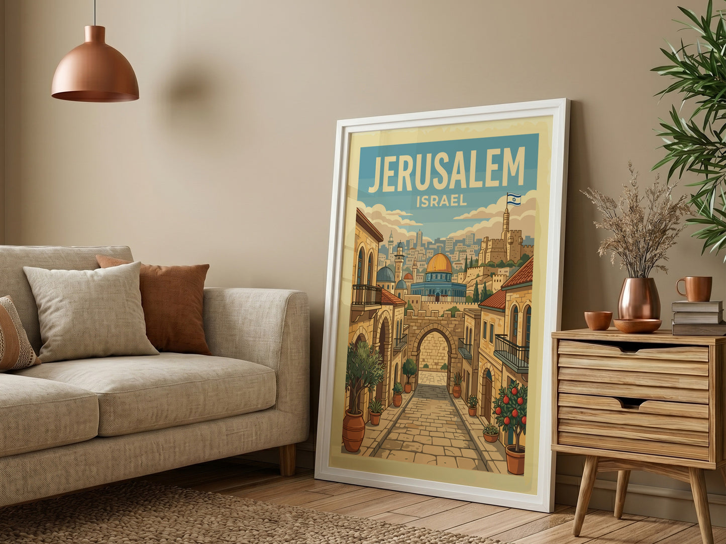 Jerusalem cityscape travel poster with retro illustration of street leading to Dome of the Rock.