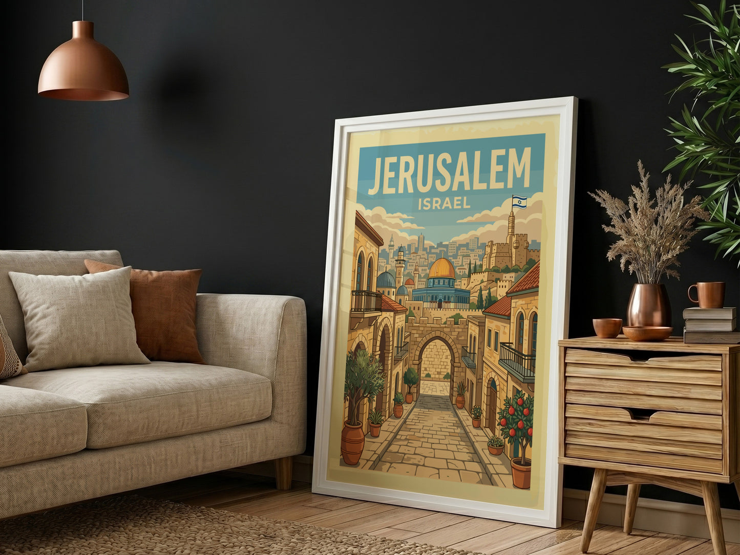 Jerusalem cityscape travel poster with retro illustration of street leading to Dome of the Rock.