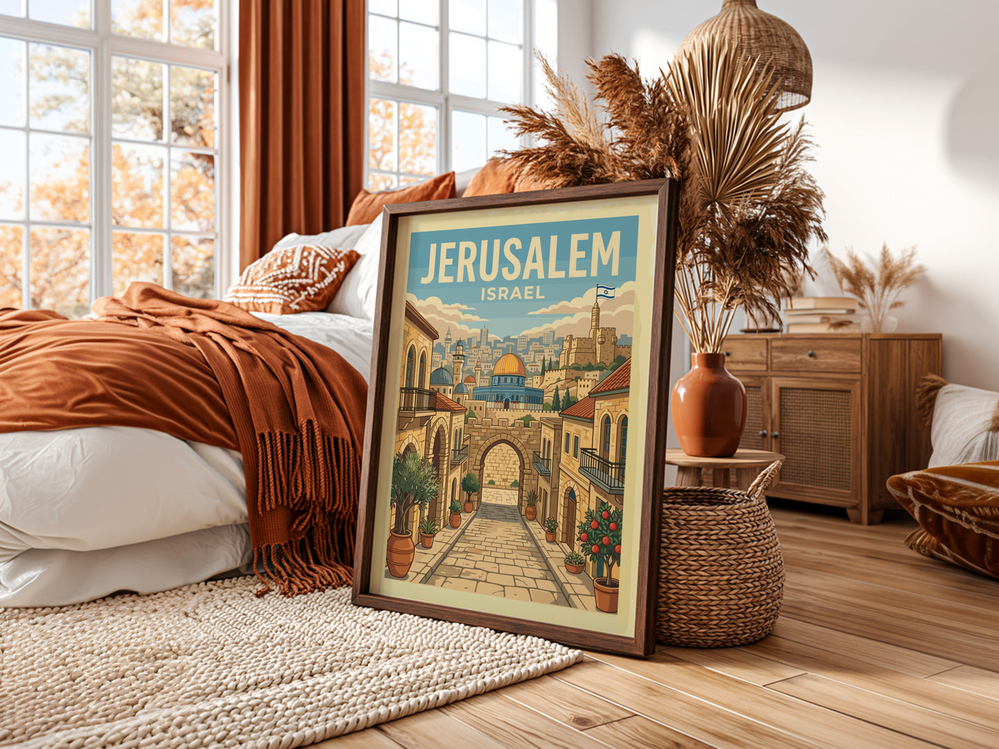 Jerusalem cityscape travel poster with retro illustration of street leading to Dome of the Rock.