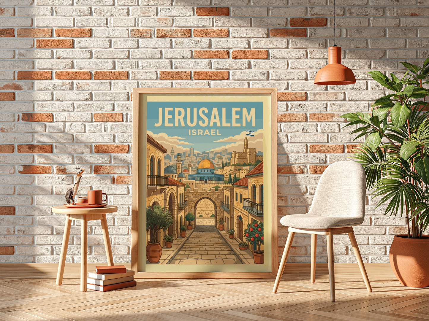 Jerusalem cityscape travel poster with retro illustration of street leading to Dome of the Rock.