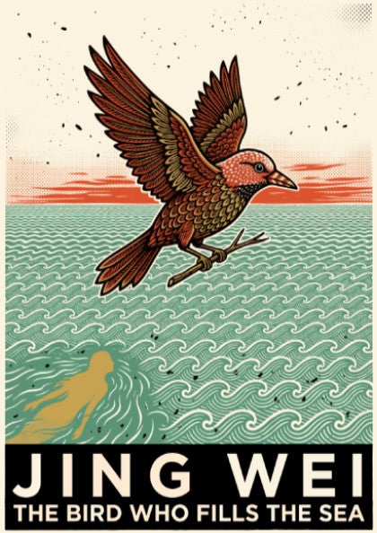 Poster featuring the mythical bird Jing Wei flying over waves with text below.