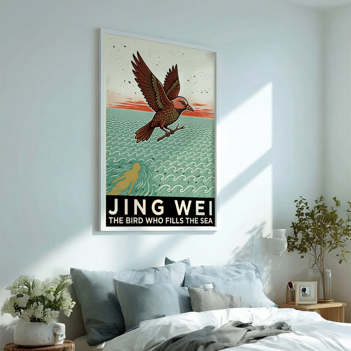 Poster featuring the mythical bird Jing Wei flying over waves with text below.
