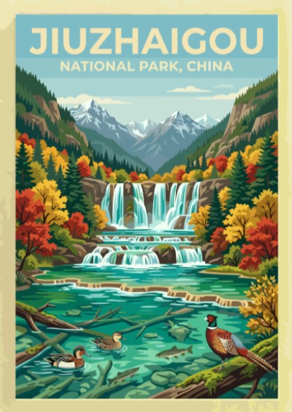 vintage travel poster of Jiuzhaigou National Park with waterfalls and autumn colors