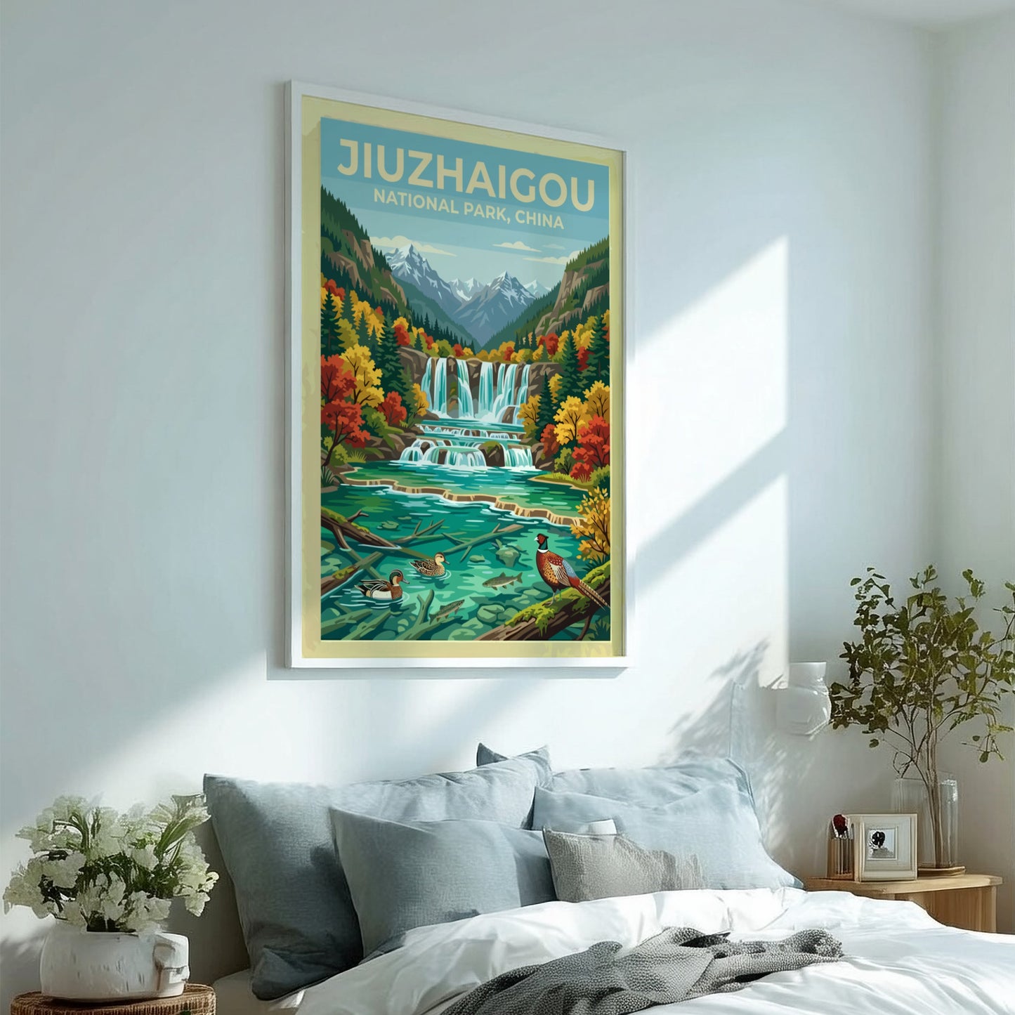 vintage travel poster of Jiuzhaigou National Park with waterfalls and autumn colors