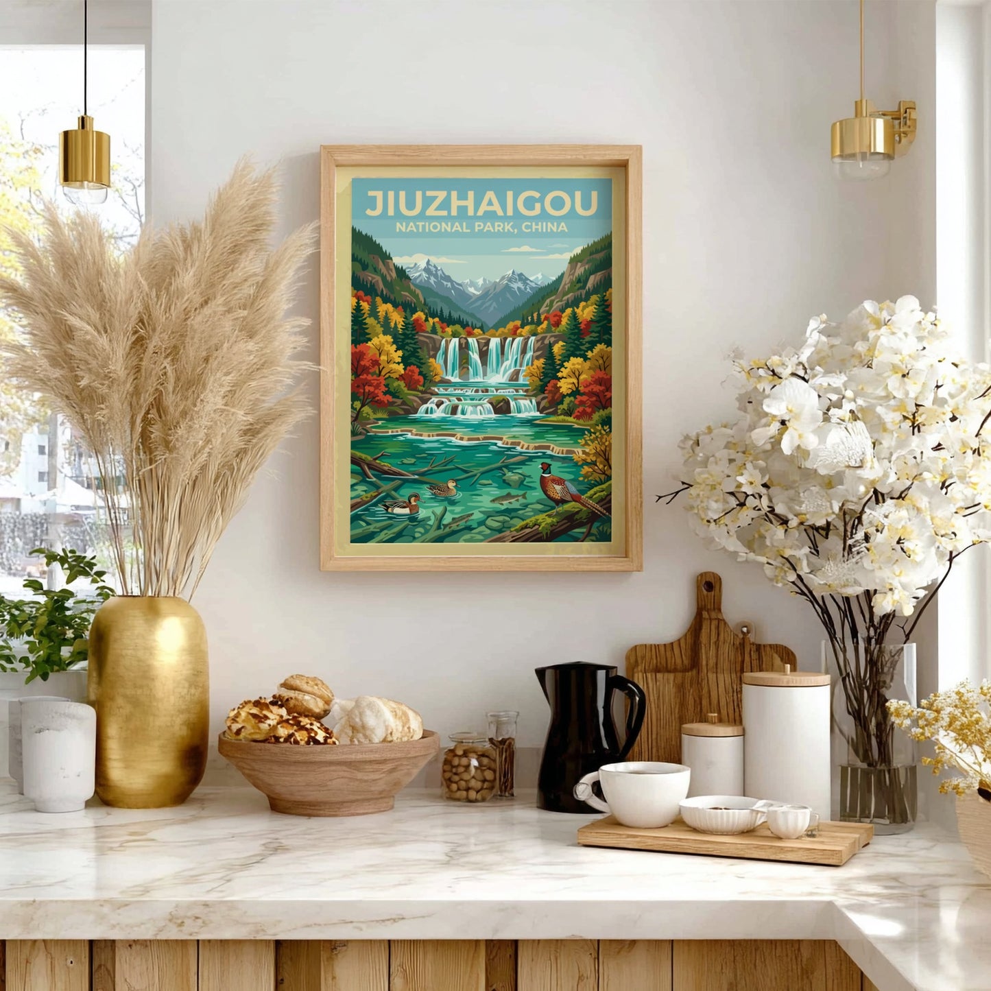 vintage travel poster of Jiuzhaigou National Park with waterfalls and autumn colors