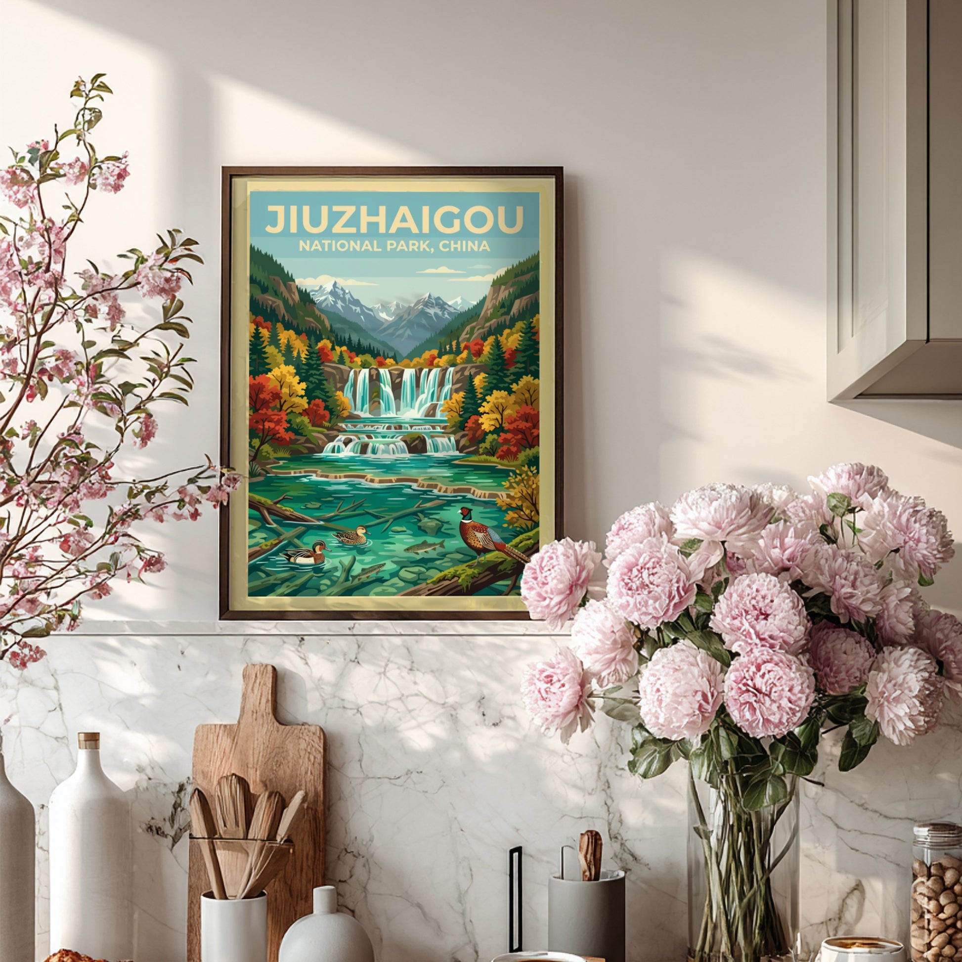 vintage travel poster of Jiuzhaigou National Park with waterfalls and autumn colors