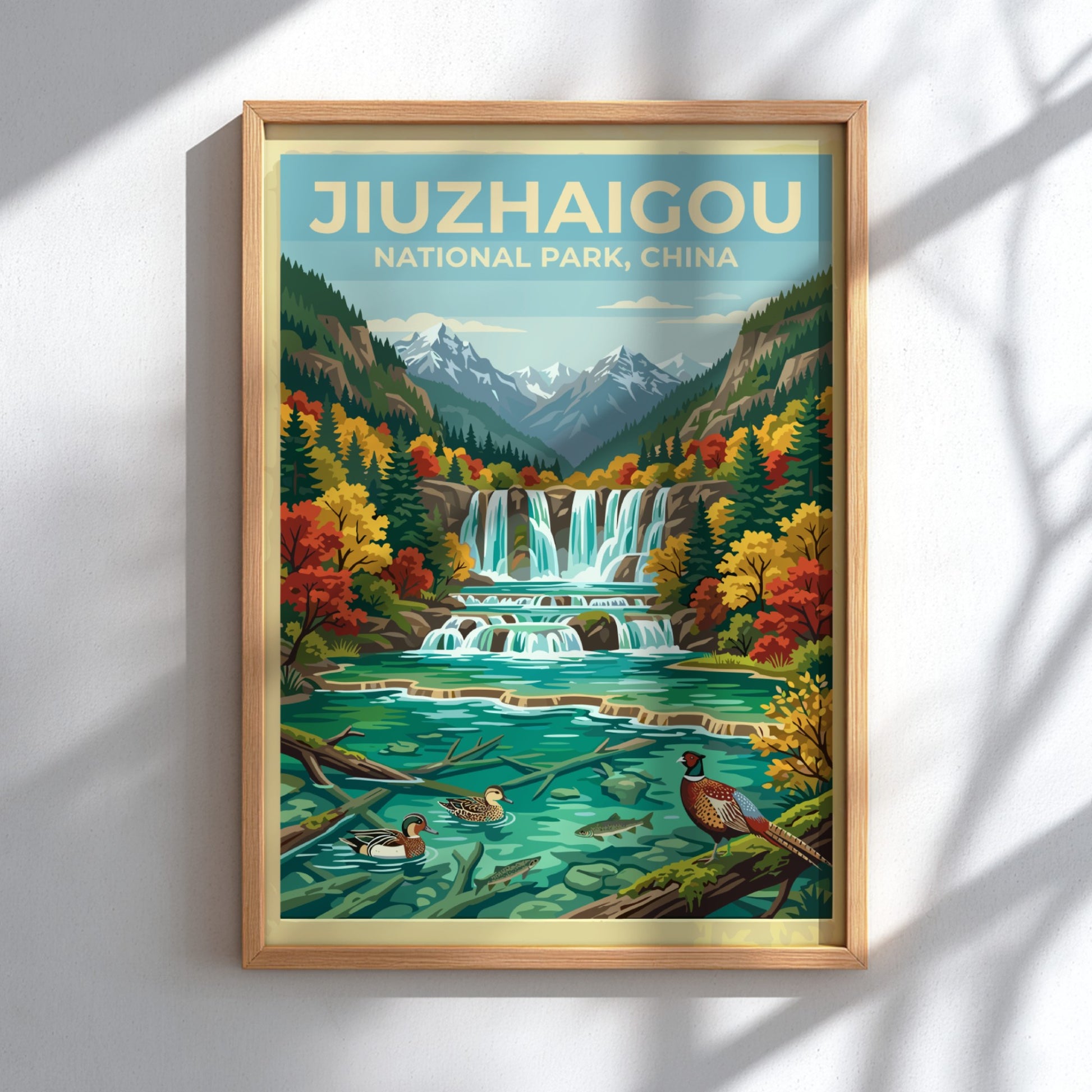 vintage travel poster of Jiuzhaigou National Park with waterfalls and autumn colors