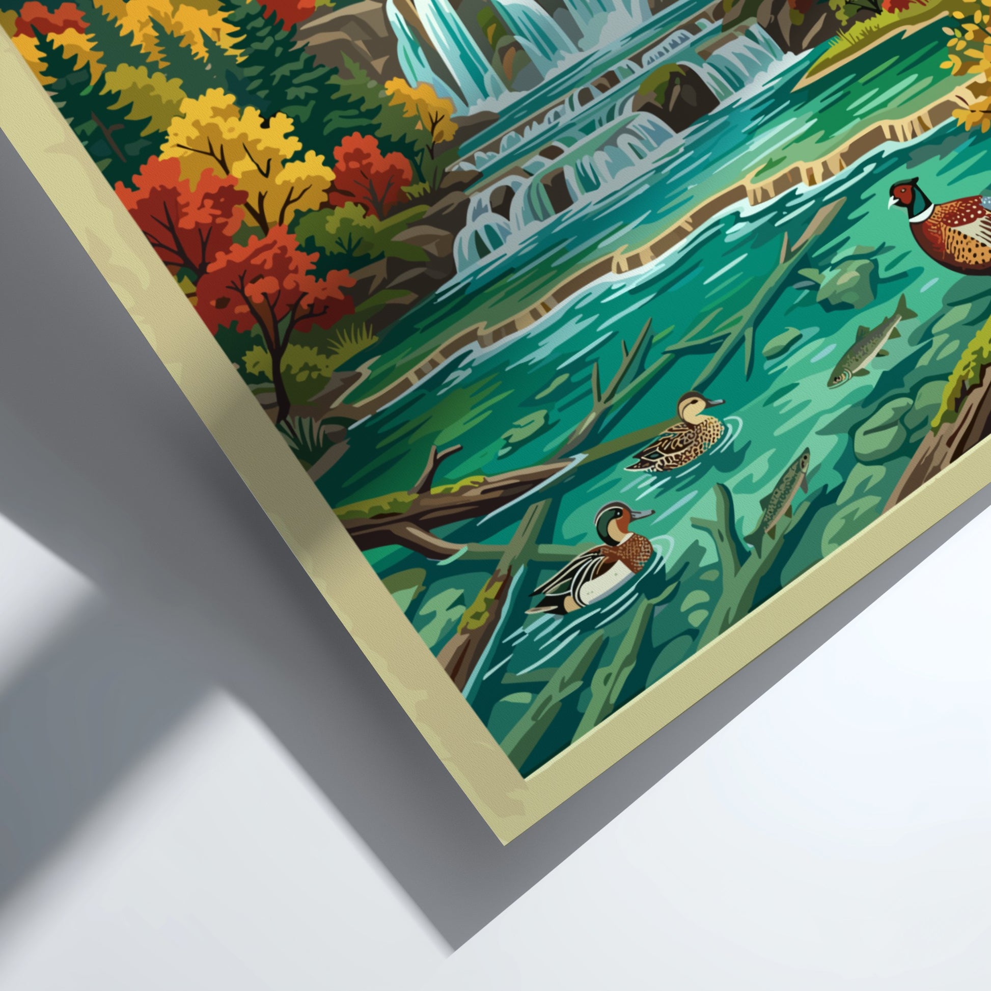 vintage travel poster of Jiuzhaigou National Park with waterfalls and autumn colors