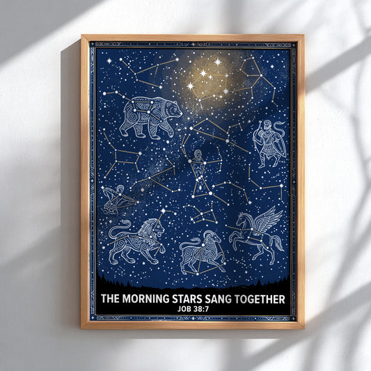 Poster displaying illustrated constellations including a bear and lion on a dark blue background.