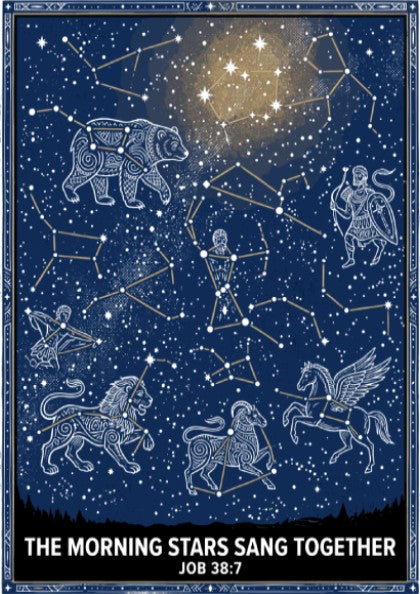 Poster displaying illustrated constellations including a bear and lion on a dark blue background.