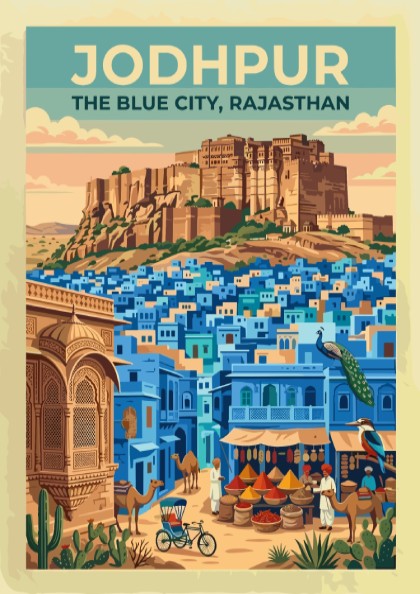 Travel poster of Jodhpur featuring the golden Mehrangarh Fort over blue city buildings