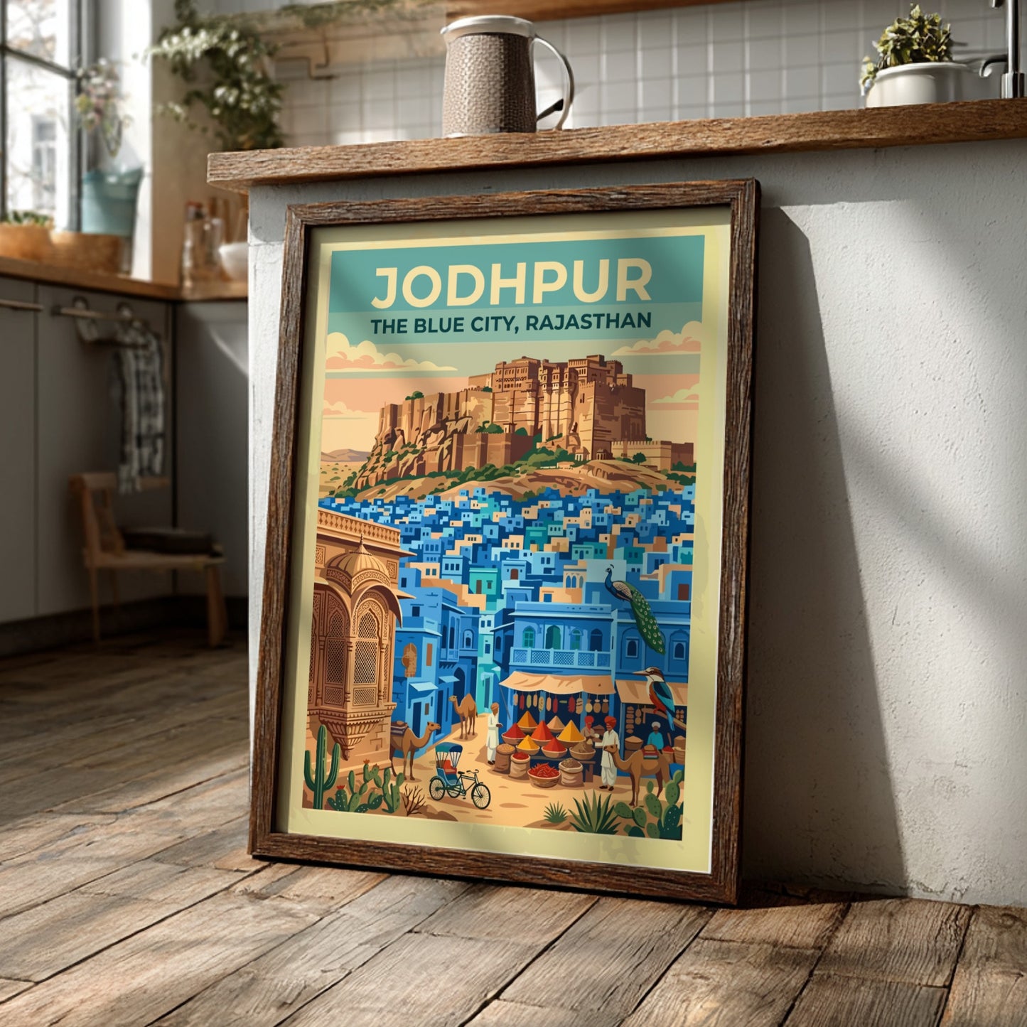 Travel poster of Jodhpur featuring the golden Mehrangarh Fort over blue city buildings