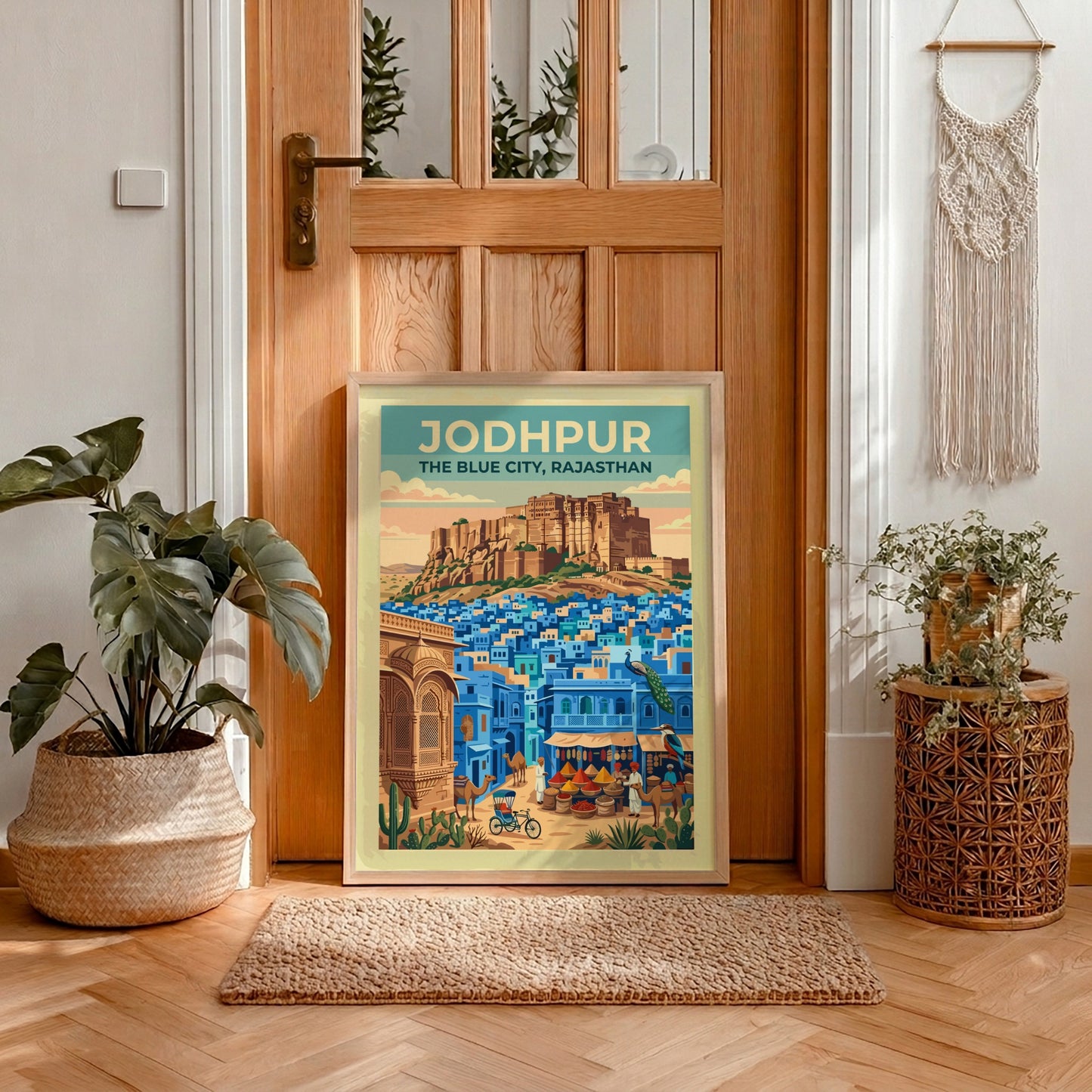 Travel poster of Jodhpur featuring the golden Mehrangarh Fort over blue city buildings