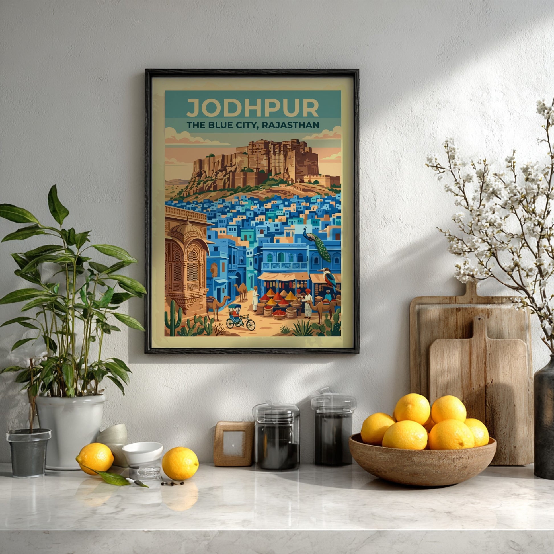 Travel poster of Jodhpur featuring the golden Mehrangarh Fort over blue city buildings