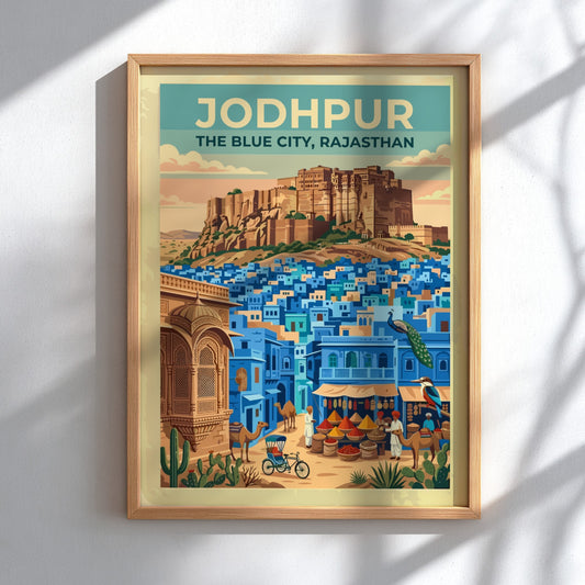 Travel poster of Jodhpur featuring the golden Mehrangarh Fort over blue city buildings