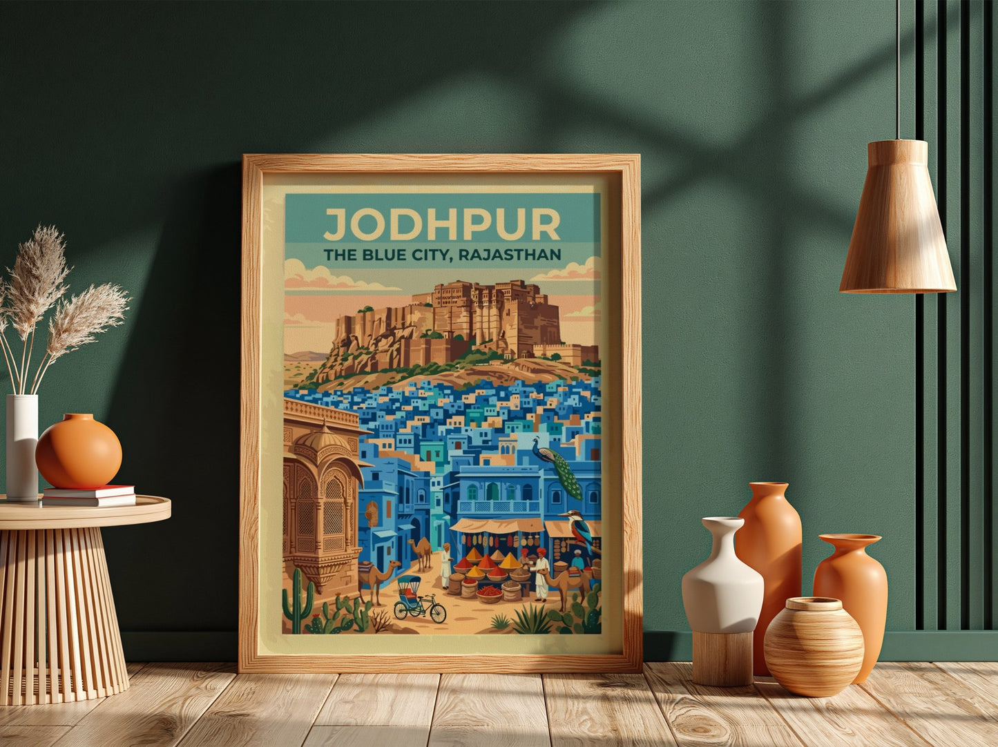 Travel poster of Jodhpur featuring the golden Mehrangarh Fort over blue city buildings