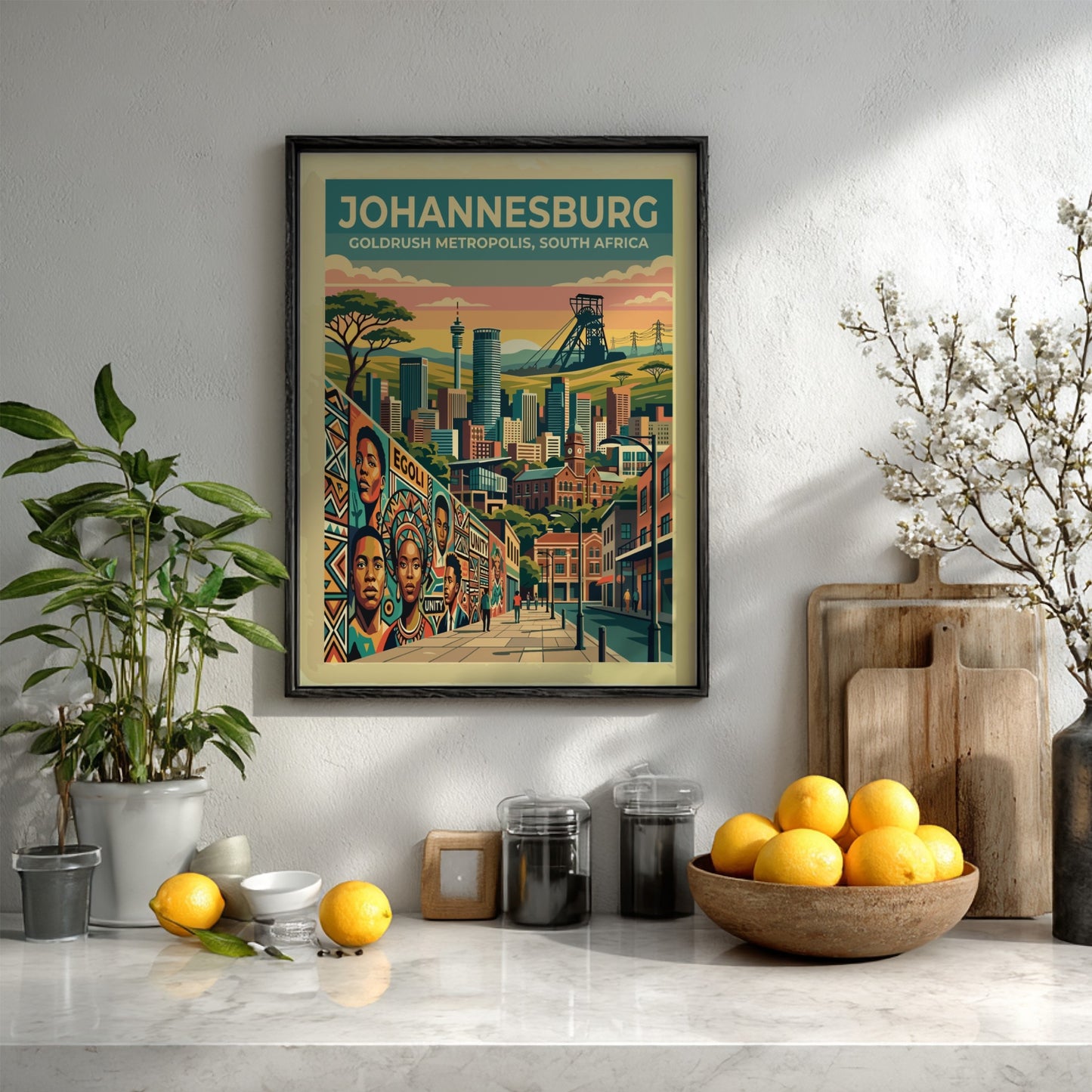Travel poster of Johannesburg featuring a golden sunset, mining headgear, and city skyline.