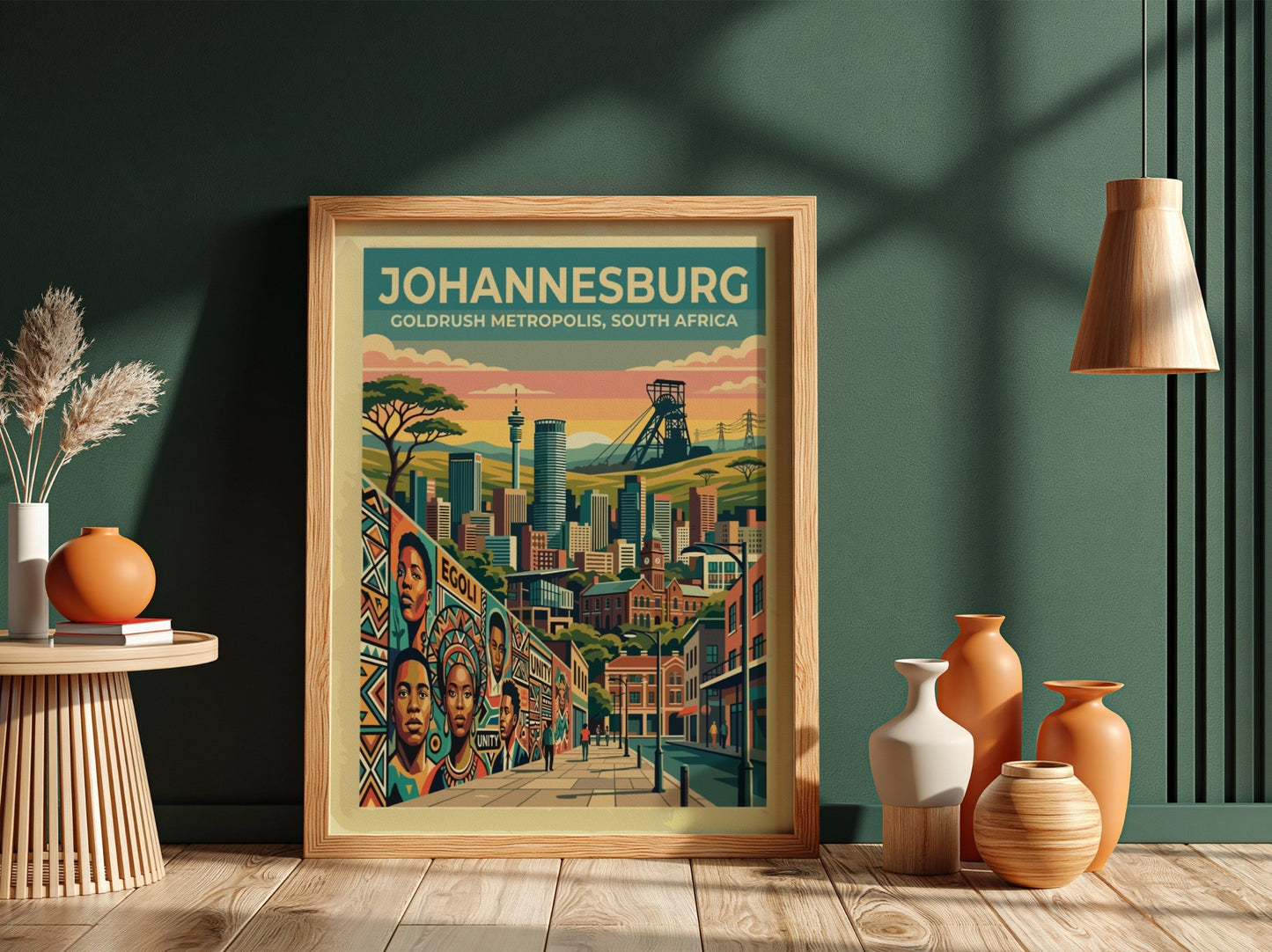 Travel poster of Johannesburg featuring a golden sunset, mining headgear, and city skyline.