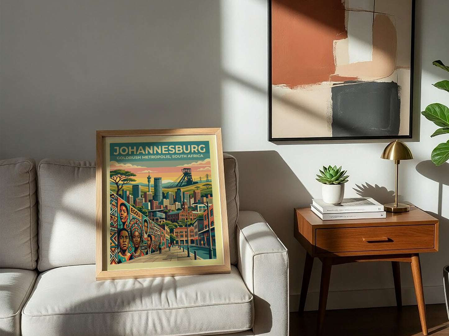 Travel poster of Johannesburg featuring a golden sunset, mining headgear, and city skyline.