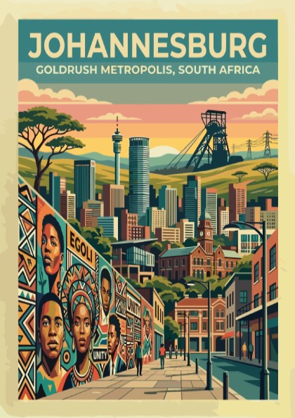 Travel poster of Johannesburg featuring a golden sunset, mining headgear, and city skyline.