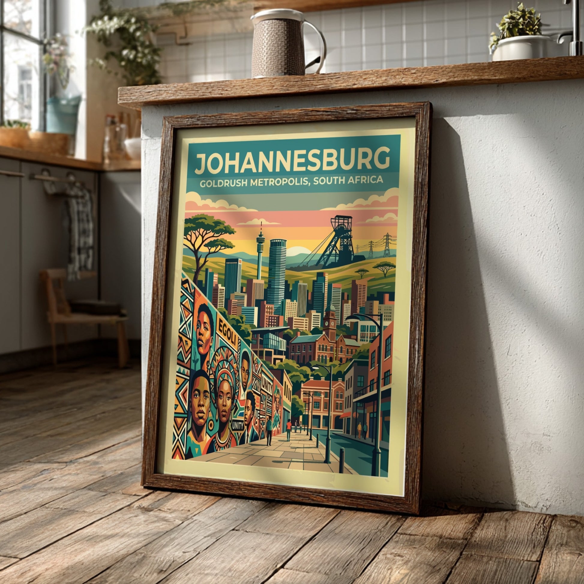 Travel poster of Johannesburg featuring a golden sunset, mining headgear, and city skyline.