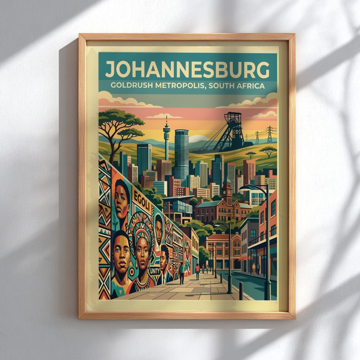Travel poster of Johannesburg featuring a golden sunset, mining headgear, and city skyline.